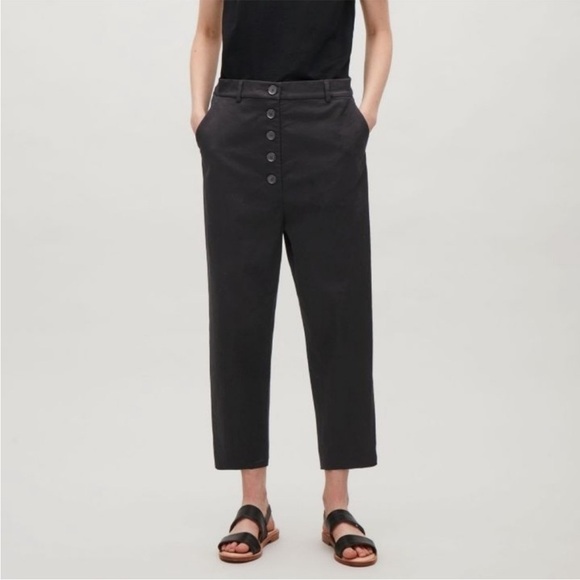 COS Buttoned Fly Drop-Crotch Trousers Harem Black Cropped Pants Cotton Size 8 - Picture 3 of 9